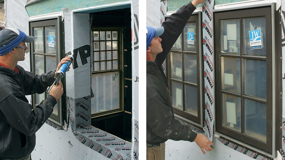 Installer applying flashing around a window opening