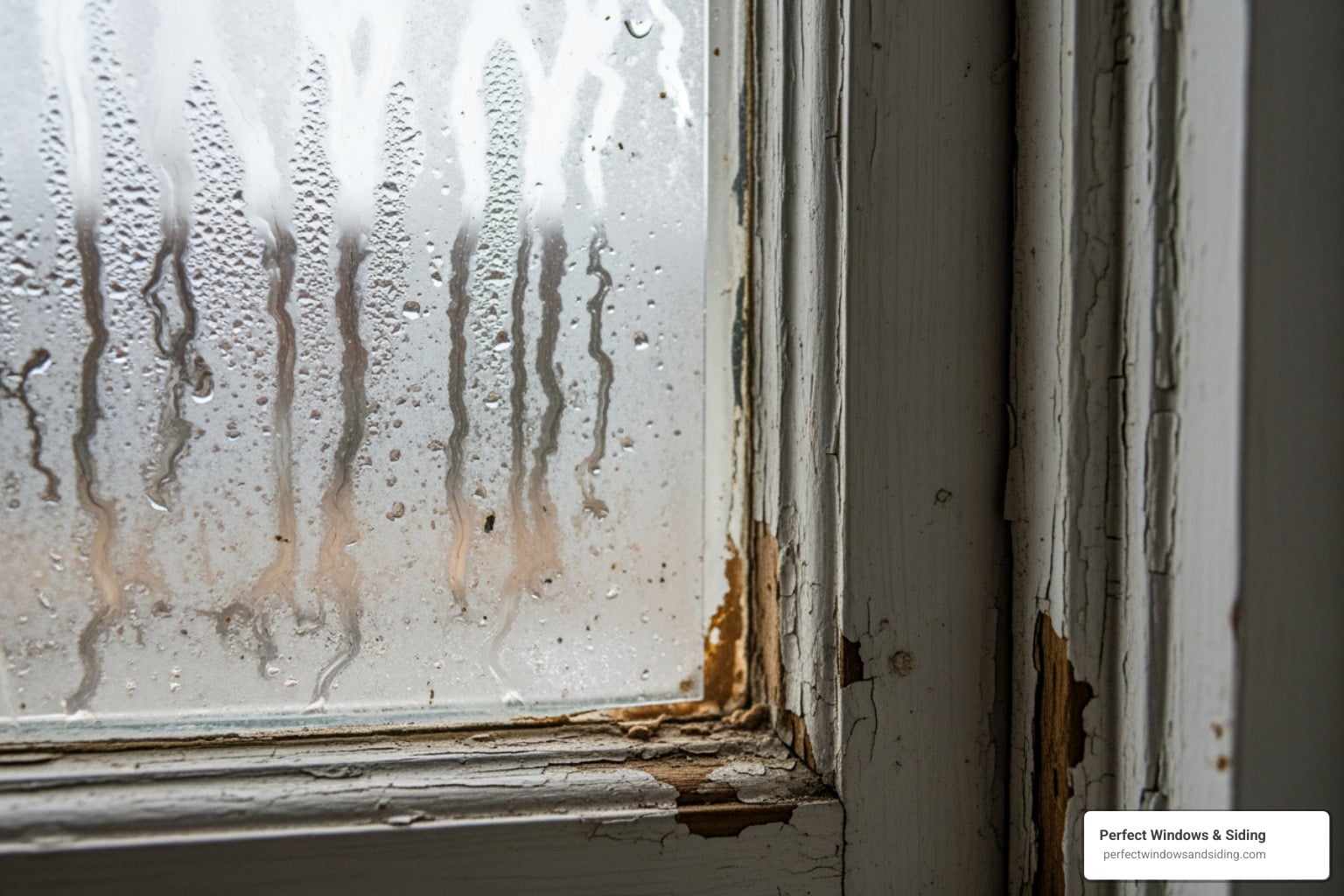 Old window with fogged glass and damage
