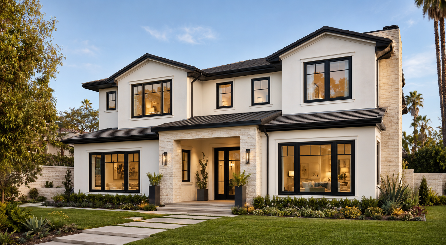 Modern home with black vinyl replacement windows